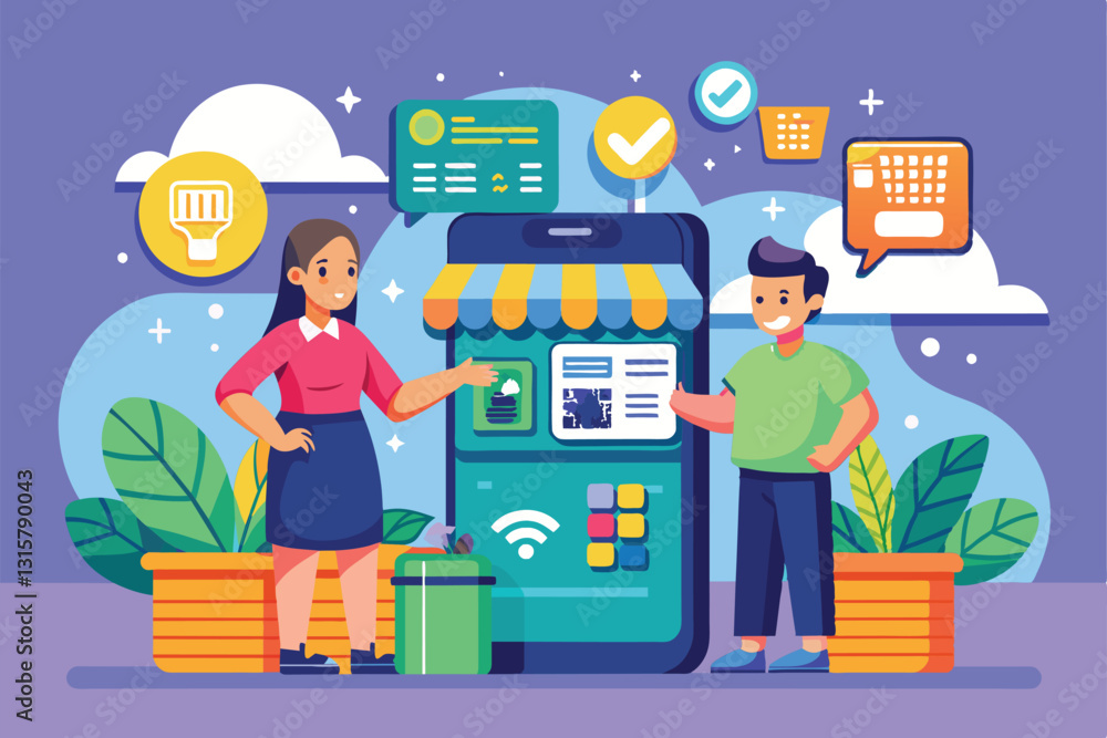 Poster Two characters interact with a smartphone showcasing scan to pay features in a lively store setting, Scan to pay Customizable Cartoon Illustration