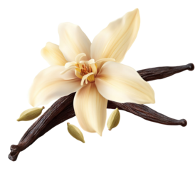 A beautifully detailed illustration of a vanilla flower with pods, showcasing its natural elegance against a plain background, ideal for culinary and botanical uses