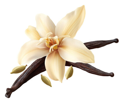 Fototapeta A beautifully detailed illustration of a vanilla flower with pods, showcasing its natural elegance against a plain background, ideal for culinary and botanical uses