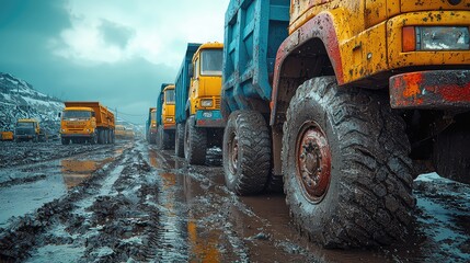 Heavy Duty Dump Trucks Convoy on Muddy Road in a Mining Site, Industrial Vehicles Transporting Materials, Off-Road Transportation, Rugged Terrain,  Muddy Wheels, Powerful Engines