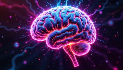 Fototapeta premium A vibrant and detailed digital illustration of a human brain against a colorful background, showcasing intricate neural connections and synapses glowing with electric energy.
