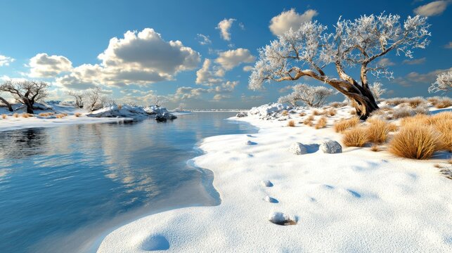 Capture the serene beauty of winter with this stunning image showcasing icy branches with glistening frost, a true testament to crisp and organic elegance Witness nature's artistry as delicate ice