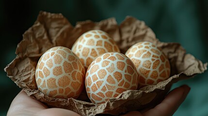 Hand holding a nest of four uniquely decorated Easter eggs featuring a giraffe pattern, showcasing a warm color palette and artistic egg decorating technique.