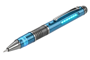 A blue pen with a silver tip and a blue body, isolated on transparent background