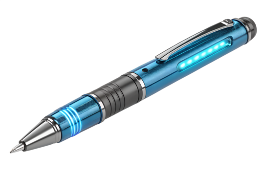 A blue pen with a silver tip and a blue body, isolated on transparent background