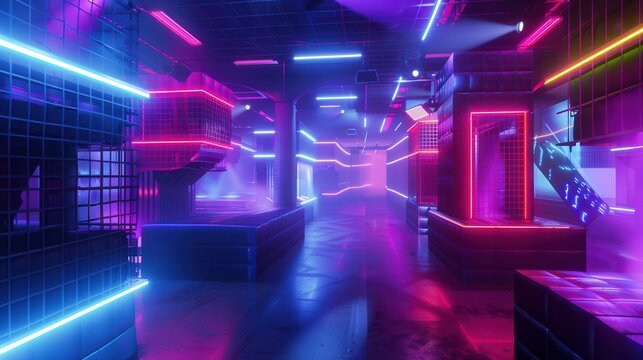 Exciting laser tag arena with neon lights and energetic players engaged in a thrilling game