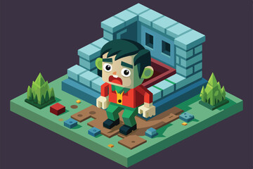 A frightened character wearing a red shirt stands by a stone structure with greenery around, Scared Customizable Isometric Illustration