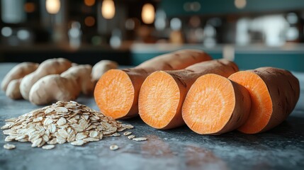 Healthy Sweet Potato, Oatmeal, and Ginger Ingredients for a Nutritious Breakfast Bowl Recipe