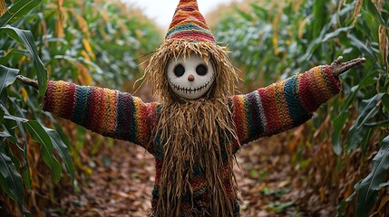 Obraz premium Colorful Scarecrow In Cornfield