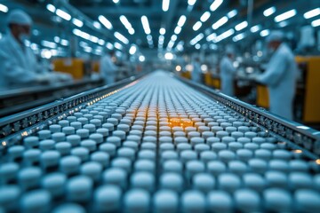 Obraz premium A person operating a keyboard in a modern pharmaceutical production facility, with oranges and various equipment visible around them.