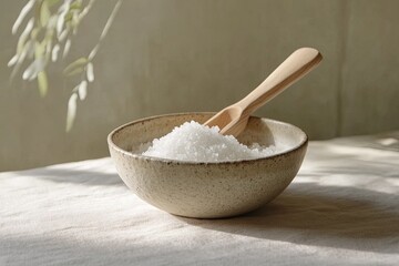 Obraz na płótnie Canvas A clean ceramic bowl of bath salts styled with a single wooden scoop. picture
