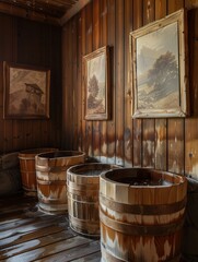 Wooden tubs and buckets filled with water set in a rustic sauna environment for traditional bathing rituals