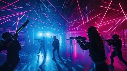 Exciting laser tag game in a dynamic arena filled with neon lights and energetic players engaged in thrilling action