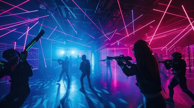 Exciting laser tag game in a dynamic arena filled with neon lights and energetic players engaged in thrilling action