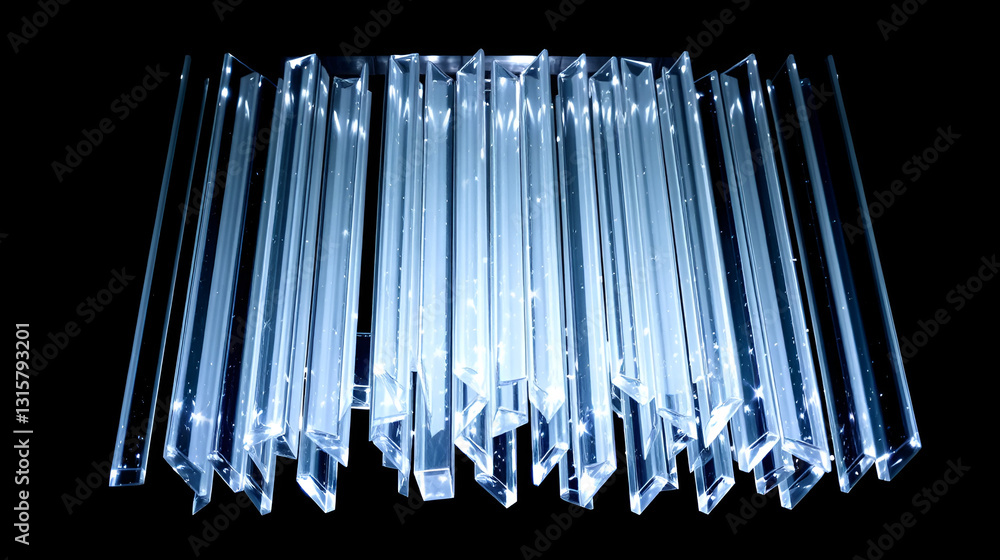 Wall mural transparent geometric crystal prisms arranged in a cascading waterfall effect with light bending thr