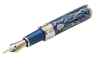 A blue pen with gold trim and a gold tip, isolated on transparent background