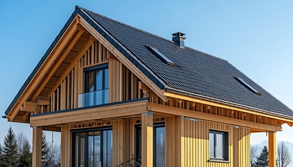 Obraz premium A modern wooden house sits with a clear blue sky above