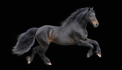 Fototapeta premium Powerful Black Horse Galloping in MidStride on a Dark Background with Flowing Mane and Tail