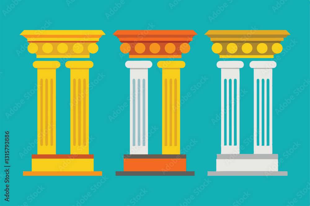 Poster three distinct columns showcasing different classical designs stand out against a bright turquoise b