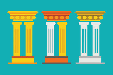 Three distinct columns showcasing different classical designs stand out against a bright turquoise backdrop, Schedule column icon set