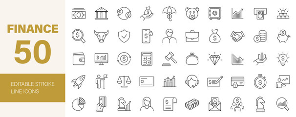 Finance icon set. Money payments related icons: cash, bank, loan, budget, fund, earning, profit, business, wallet and more. Editable line icons. Vector illustration.
