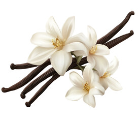 A serene composition of white lilies intertwined with vanilla pods, set against a soft background, creating a calming and fragrant atmosphere