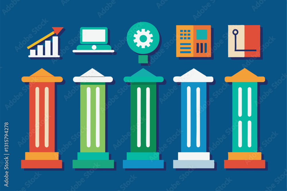 Poster a vibrant set of icons illustrating columns for scheduling and categorizing activities and tasks, sc
