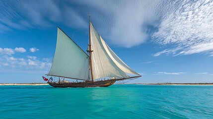 Fototapeta premium Classic sailing vessel glides across turquoise ocean. Sunlight illuminates the pristine sails and wooden hull