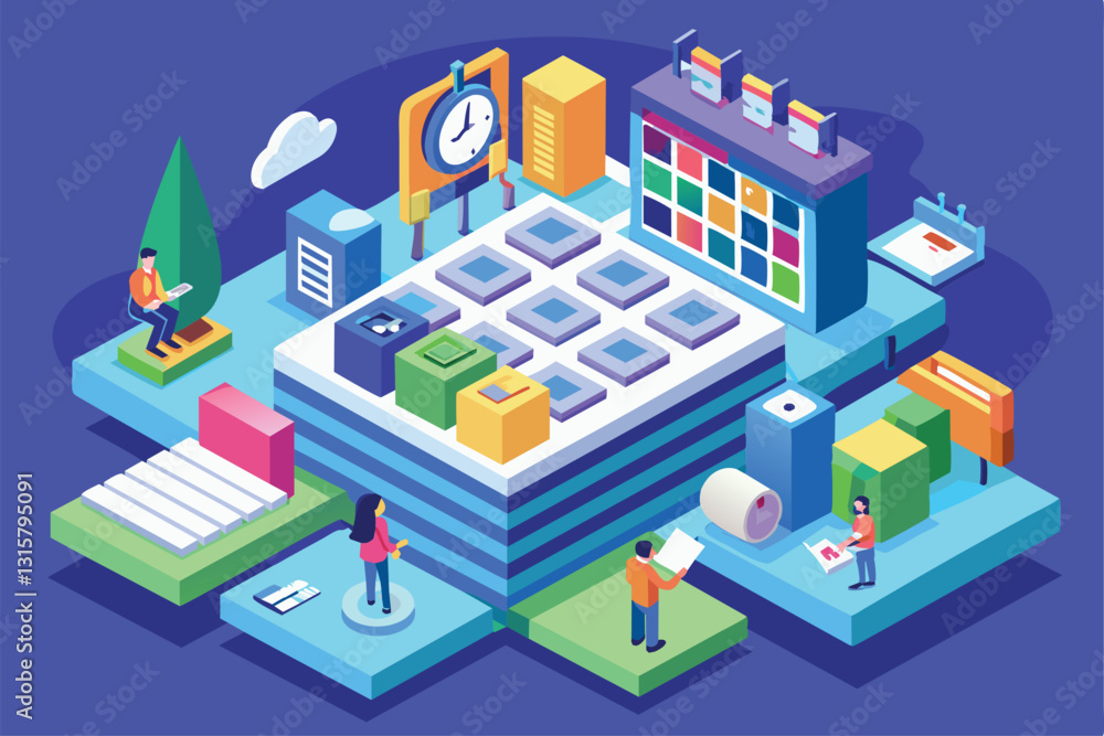 Poster this colorful isometric layout displays a customizable schedule with people engaging in different ta