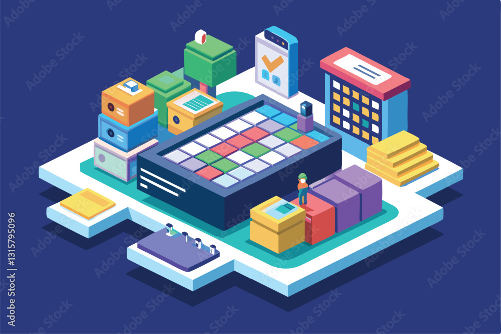Poster a colorful isometric layout showcases a customizable scheduling tool with various task boxes, schedu