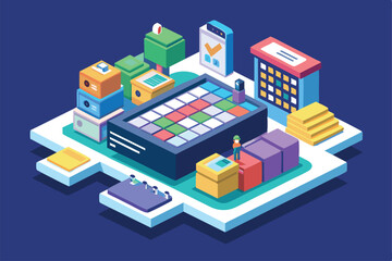 Obraz premium A colorful isometric layout showcases a customizable scheduling tool with various task boxes, Schedule Customizable Isometric Illustration