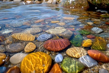 Dive into tranquility with this stunning photograph capturing a crystal-clear tide pool, teeming with detailed marine life and offering peaceful reflections under the soft sunlight Explore the