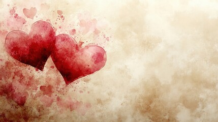 Delicate Blush Affection "A romantic Valentine's Day backdrop with soft watercolor hearts in pink and red hues, set against a pale beige background with subtle textures and plenty of copy space."