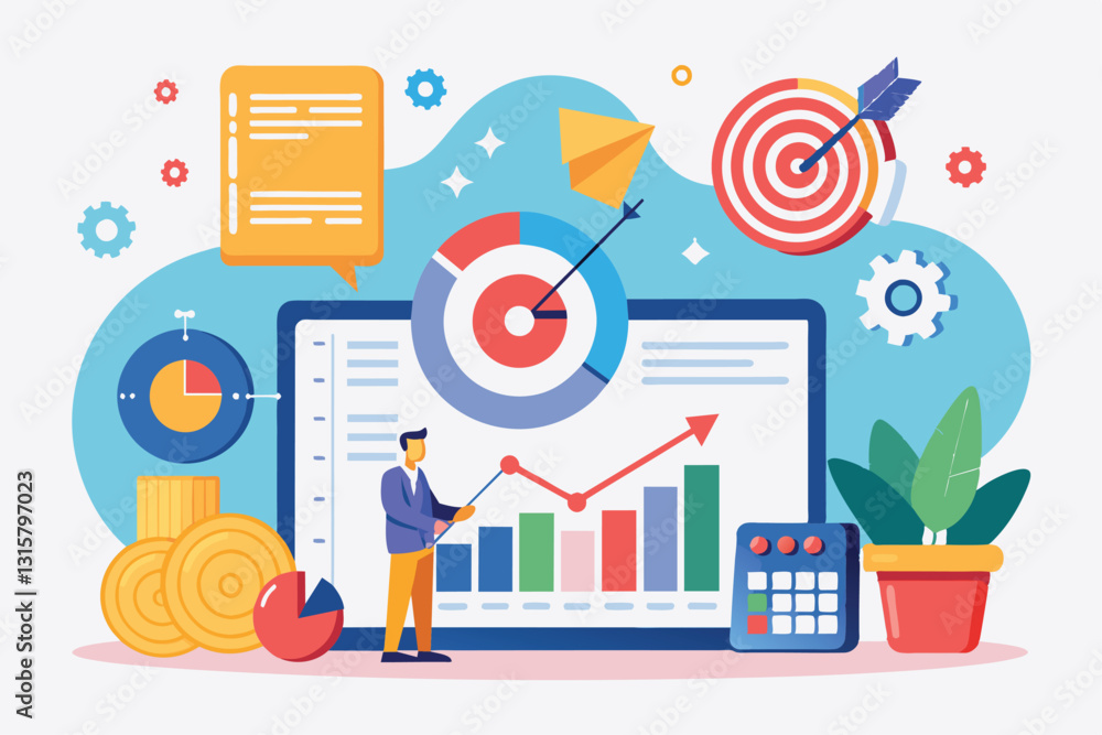 Poster a person analyzes sales data and targets using charts and graphs in a contemporary workspace, schedu