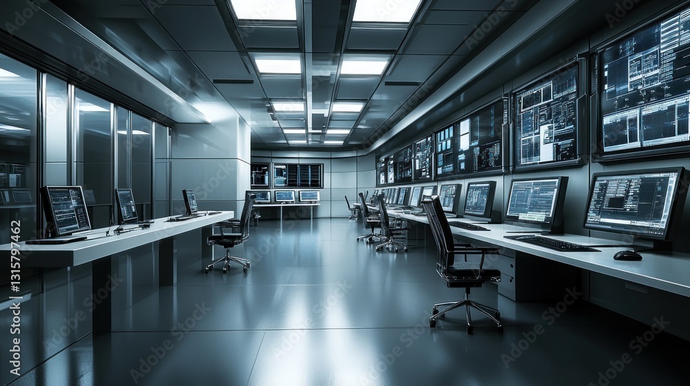 Poster futuristic control room: advanced technology and data monitoring center