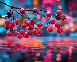 Enchanting Winter Berries Glowing under Soft Light, a delicate and artistic style captures the magic of the season Explore the beauty of nature with this stunning photograph showcasing vibrant red