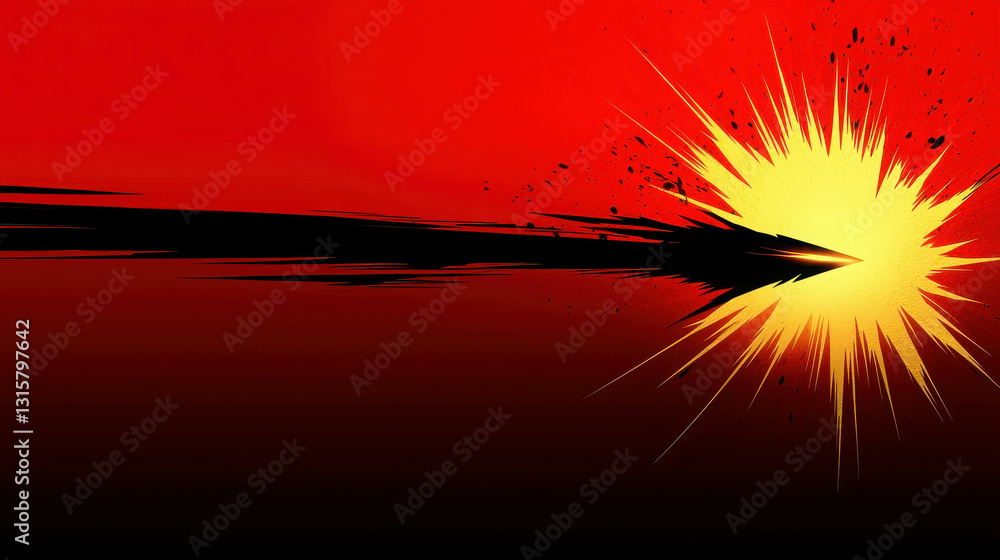 Poster dynamic burst of light against a gradient red and black background with abstract design elements