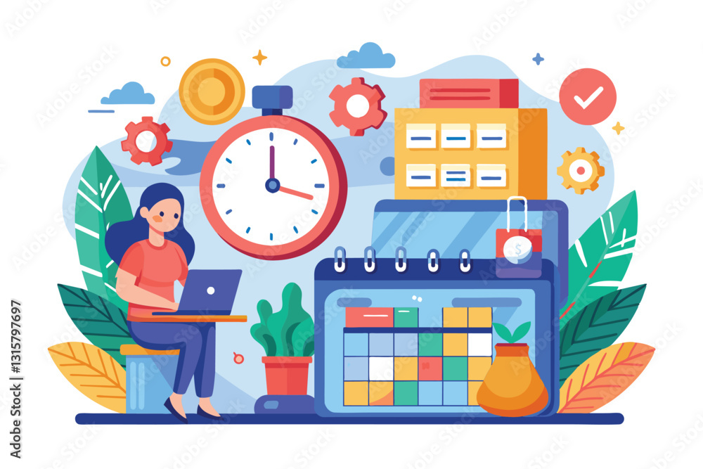 Poster a person works on a laptop while organizing their schedule using a calendar and clock, scheduling wo