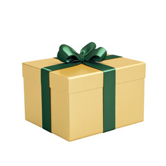 Naklejka premium Golden Gift Box with Green Ribbon and Bow Isolated on transparent background