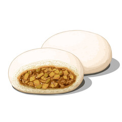 Delicious Steamed Chicken Curry or Beef Curry Pao Vector Illustration. Traditional Asian Sweet Bun Clipart