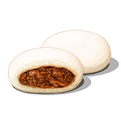 Delicious Steamed Sardin Pao or Bao Vector Illustration. Traditional Asian Sweet Bun Clipart