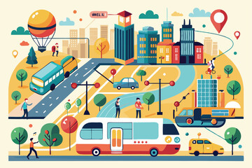 This colorful illustration outlines public transport schemes and travel routes around a bustling urban setting, Schemes of travel and trip around city, public transport