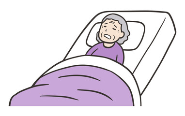 半座位呼吸、ファウラー位でベッドに寝ている高齢女性