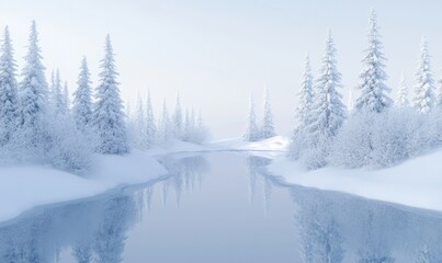 Serene winter river flowing through snow-covered pine forest; calm, peaceful background for winter holiday cards