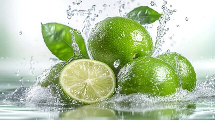 Fresh green limes splashing in water with leaves, showcasing freshness and vitality.