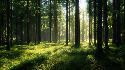 Naklejka premium Morning in the forest. Sunrise in the forest. Sunlight through the trees