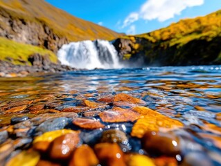 Experience the raw beauty of nature with this stunning image of a majestic waterfall cascading over volcanic rocks, showcasing a powerful and serene natural contrast Witness the dance of water and