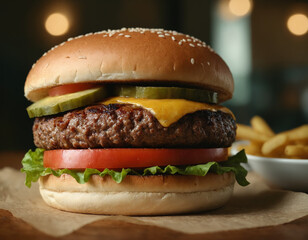 hamburger on a wooden table