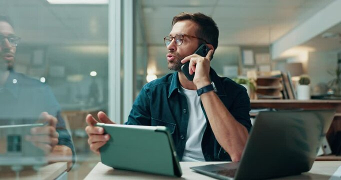 Accounting, phone call and tablet with business man at desk in office for finance or planning. Audit, communication and update with financial employee at work for bookkeeping or online tax review