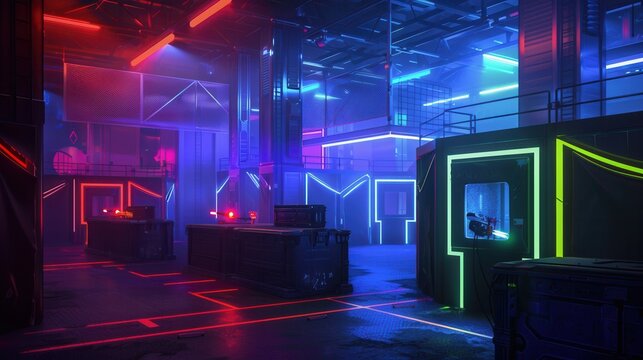 Exciting laser tag arena with neon lights and dynamic players in action during an intense game